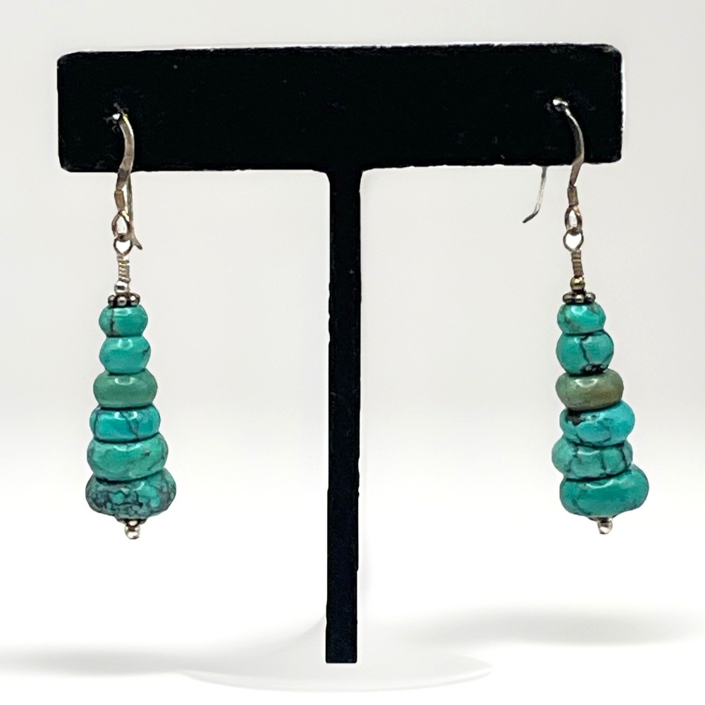 Vtg Sterling Silver Turquoise Stack Beaded Drop Earrings Southwest Unmarked 2"
